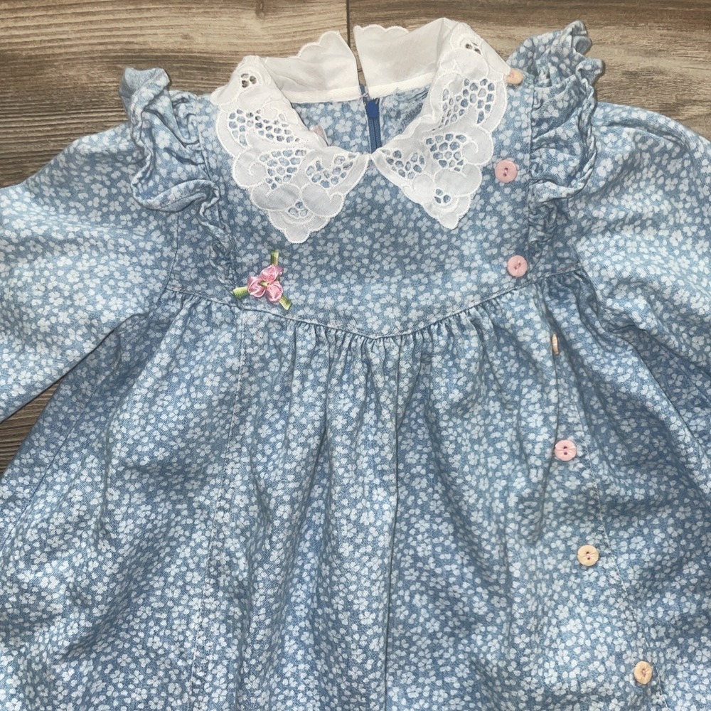Vintage 1980s Toddler Girl 4 Blue Ditzy Floral Cotton Lace Collar Easter Outfit - Picture 3 of 8